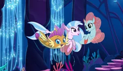 Size: 1280x740 | Tagged: safe, artist:uotapo, derpibooru import, ocellus, silverstream, smolder, changedling, changeling, fish, puffer fish, sea pony, seapony (g4), female, image, lesbian, looking at each other, looking at you, ocean, open mouth, open smile, png, seaquestria, shipping, shipping implied in the text, smiling, smiling at each other, smiling at you, smolcellus, smolderpuffs, swimming, trio, underwater, water