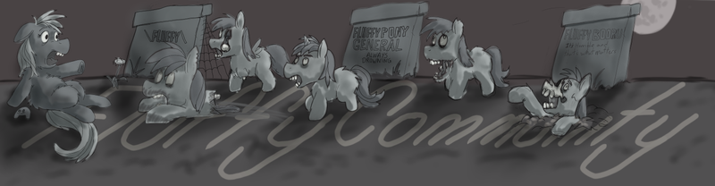 Size: 1536x400 | Tagged: grimdark, artist:fluffsplosion, derpibooru import, fluffy pony, pony, undead, zombie, zombie pony, abuse, fluffy community, fluffy pony grimdark, grayscale, image, monochrome, night of the living dead, png