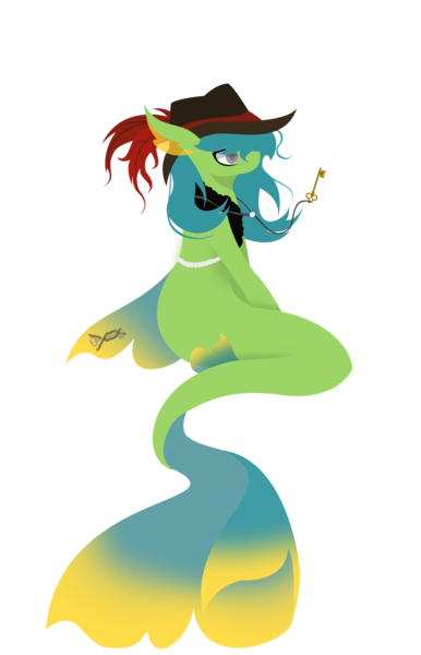 Size: 1964x3054 | Tagged: safe, artist:discoverstarsartwork, derpibooru import, oc, unofficial characters only, merpony, pegasus, pony, seapony (g4), deviantart watermark, dorsal fin, feather, fish tail, flowing tail, green mane, hat, image, jewelry, key, necklace, obtrusive watermark, png, seaponified, simple background, smiling, solo, species swap, tail, transparent background, watermark