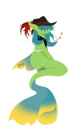 Size: 1964x3054 | Tagged: safe, artist:discoverstarsartwork, derpibooru import, oc, unofficial characters only, merpony, pegasus, pony, seapony (g4), deviantart watermark, dorsal fin, feather, fish tail, flowing tail, green mane, hat, image, jewelry, key, necklace, obtrusive watermark, png, seaponified, simple background, smiling, solo, species swap, tail, transparent background, watermark
