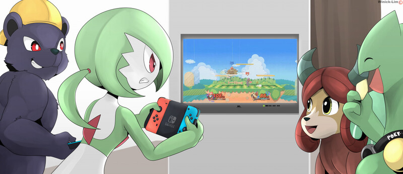 Size: 1280x553 | Tagged: safe, artist:winick-lim, derpibooru import, yona, anthro, bear, gardevoir, sceptile, yak, ambiguous gender, chips, commission, digital art, eating, eyes closed, female, food, headphones, horn, image, jpeg, nintendo switch, open mouth, pokémon, super smash bros., super smash bros. ultimate, television