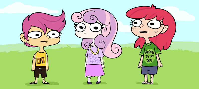 Size: 7351x3300 | Tagged: safe, artist:tjpones, derpibooru import, apple bloom, scootaloo, sweetie belle, human, bandaid, barefoot, bucktooth, clothes, cutie mark crusaders, feet, female, freckles, humanized, image, png, sandals, shirt, shorts, skirt, trio