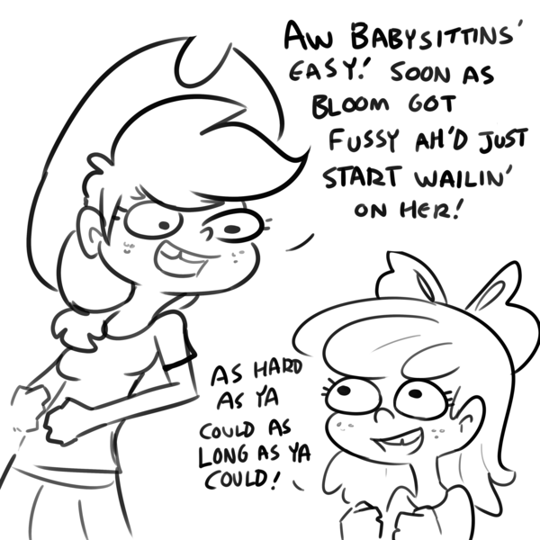 Size: 3300x3300 | Tagged: safe, artist:tjpones, derpibooru import, apple bloom, applejack, human, apple sisters, applejack's hat, black and white, cowboy hat, dialogue, duo, female, freckles, grayscale, hat, humanized, image, implied child abuse, monochrome, png, siblings, simple background, sisters, white background