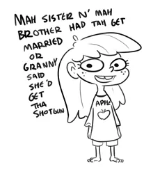 Size: 2675x2911 | Tagged: safe, artist:tjpones, derpibooru import, apple bloom, human, barefoot, child, dialogue, feet, female, freckles, humanized, image, implied applecest, implied applemac, implied incest, implied marriage, implied shipping, implied shotgun wedding, implied straight, png, solo, talking to viewer, tooth gap
