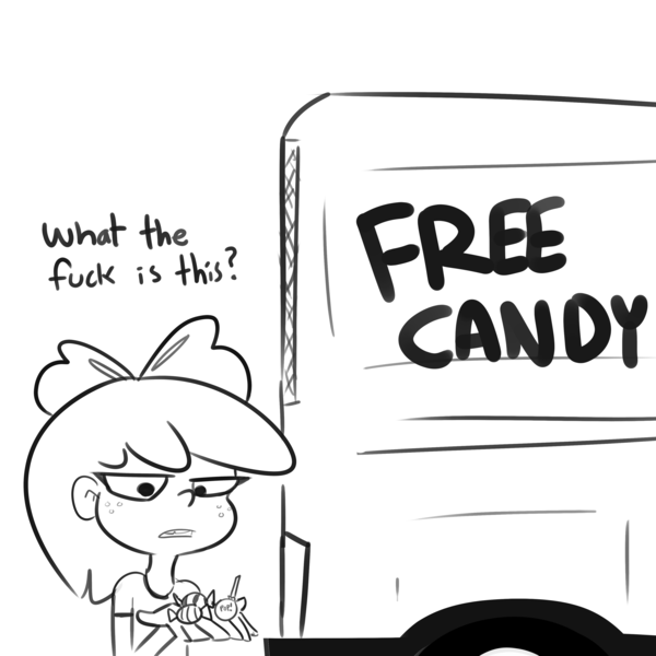 Size: 3300x3300 | Tagged: suggestive, artist:tjpones, derpibooru import, apple bloom, human, apple bloom is not amused, black and white, candy, dialogue, disappointed, female, food, freckles, grayscale, humanized, image, monochrome, png, solo, subversion, unamused, van, vulgar