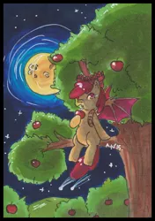 Size: 500x709 | Tagged: safe, artist:ayudrawpony, derpibooru import, apple bloom, bat pony, pony, apple, apple tree, bat ponified, bloombat, female, filly, food, image, jpeg, moon, night, race swap, solo, stars, tree