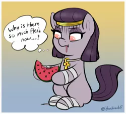 Size: 2068x1888 | Tagged: safe, artist:heretichesh, derpibooru import, oc, oc:mummydew, unofficial characters only, earth pony, pony, ankh, eating, egyptian, egyptian pony, female, food, gradient background, hoof hold, image, jpeg, mare, sitting, solo, thought bubble, watermelon