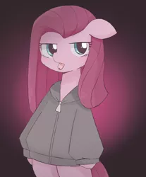 Size: 1480x1787 | Tagged: safe, artist:arrow__root, derpibooru import, pinkie pie, earth pony, pony, bipedal, clothes, female, hoodie, image, jpeg, looking at you, mare, pinkamena diane pie, solo, tongue out