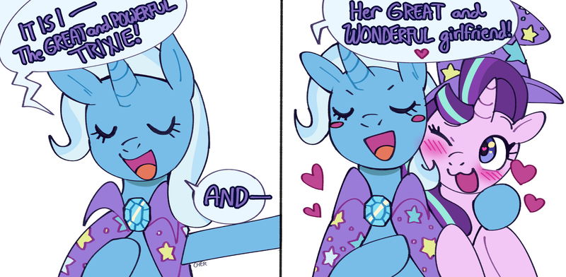 Size: 2048x1003 | Tagged: safe, artist:cherivinca, derpibooru import, starlight glimmer, trixie, pony, unicorn, accessory swap, blush sticker, blushing, clothes, comic, dialogue, eyes closed, female, floating heart, hat, heart, heart eyes, hug, image, lesbian, one eye closed, open mouth, open smile, png, shipping, smiling, speech bubble, startrix, trixie's hat, wingding eyes