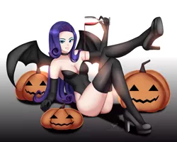 Size: 5000x4000 | Tagged: suggestive, artist:asyaredfox, derpibooru import, rarity, human, absolute cleavage, alcohol, bat wings, breasts, cleavage, clothes, glass, halloween, high heels, holiday, humanized, image, jack-o-lantern, png, pouring, pumpkin, shoes, socks, solo, stockings, thigh highs, wine, wine glass, winged humanization, wings