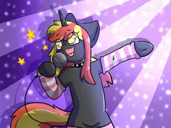 Size: 1600x1200 | Tagged: safe, artist:alex69vodka, derpibooru import, oc, oc:java, pony, unicorn, abstract background, clothes, collar, female, hoof hold, image, jpeg, microphone, open mouth, singing, smiling, socks, spiked collar, striped socks