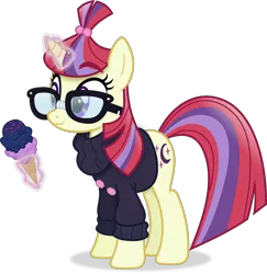 Size: 3997x4113 | Tagged: safe, artist:anime-equestria, derpibooru import, moondancer, pony, unicorn, :3, adorkable, clothes, cute, dork, female, food, glasses, ice cream, image, levitation, magic, mare, png, simple background, smiling, solo, sweater, telekinesis, transparent background, vector