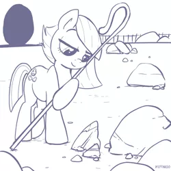 Size: 2048x2048 | Tagged: safe, artist:pfeffaroo, derpibooru import, limestone pie, earth pony, pony, holder's boulder, image, monochrome, png, rock, rock farm, shepherd, shepherd's crook, smiling, solo