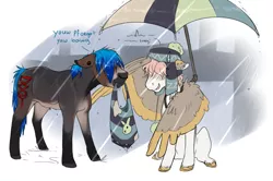 Size: 1107x735 | Tagged: safe, artist:royvdhel-art, derpibooru import, oc, unofficial characters only, earth pony, pegasus, pony, bag, dialogue, duo, hat, image, mouth hold, pegasus oc, png, rain, umbrella, wings