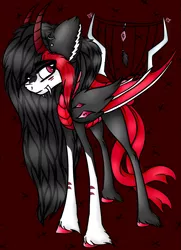 Size: 1965x2713 | Tagged: safe, artist:beamybutt, derpibooru import, oc, unofficial characters only, demon, demon pony, original species, pony, bat wings, ear fluff, hoof fluff, horns, image, png, red background, simple background, solo, wings