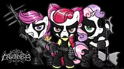 Size: 1440x800 | Tagged: safe, artist:flutterthrash, derpibooru import, apple bloom, scootaloo, sweetie belle, earth pony, pegasus, pony, unicorn, black metal, cutie mark crusaders, female, filly, image, png