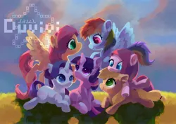 Size: 4093x2894 | Tagged: safe, artist:duvivi, derpibooru import, applejack, fluttershy, pinkie pie, rainbow dash, rarity, twilight sparkle, earth pony, pegasus, pony, unicorn, image, jpeg, mane six, smiling, spread wings, wings