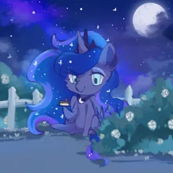 Size: 800x800 | Tagged: safe, artist:qamar, derpibooru import, princess luna, alicorn, pony, cake, chest fluff, chibi, food, full moon, image, jpeg, moon, night, smiling, solo