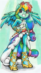 Size: 1217x2163 | Tagged: safe, artist:shadowhawx, derpibooru import, rainbow dash, anthro, pegasus, clothes, dress, gala dress, grin, image, jpeg, looking at you, smiling, solo, spread wings, traditional art, wings
