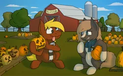 Size: 3432x2116 | Tagged: safe, artist:belgianwaffleart, artist:frostbitegator, derpibooru import, oc, oc:pretzel, oc:waffle, earth pony, pony, barn, clothes, derp, female, halloween, holiday, image, jack-o-lantern, jpeg, male, pumpkin, scarf, silly, tongue out