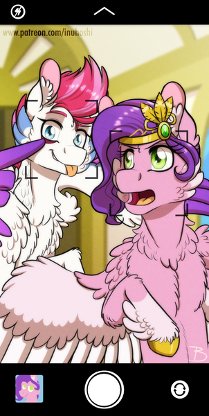Size: 603x1200 | Tagged: safe, artist:inuhoshi-to-darkpen, derpibooru import, pipp petals, zipp storm, earth pony, pegasus, my little pony: a new generation, chest fluff, female, g5, hoof fluff, image, leg fluff, open mouth, png, selfie, siblings, sisters, sisters being sisters, tongue out