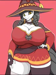 Size: 2017x2687 | Tagged: suggestive, artist:droll3, derpibooru import, oc, oc:caring hearts, anthro, earth pony, pony, anthro oc, big breasts, breasts, cleavage, clothes, costume, earth pony oc, female, halloween, halloween costume, hat, holiday, huge breasts, image, konosuba, mare, megumin, milf, nightmare night costume, png, smiling, solo, solo female