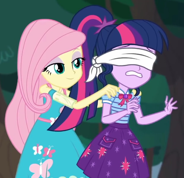 Size: 699x676 | Tagged: safe, derpibooru import, screencap, fluttershy, sci-twi, twilight sparkle, equestria girls, equestria girls series, stressed in show, blindfold, cropped, image, lidded eyes, png