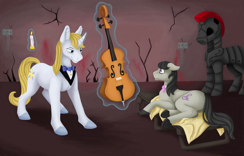 Size: 6304x4024 | Tagged: safe, artist:believeinshadows, derpibooru import, octavia melody, prince blueblood, earth pony, pony, unicorn, fanfic:blueblood's pets, audio drama, candle, cello, female, image, male, musical instrument, png