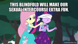 Size: 800x450 | Tagged: suggestive, derpibooru import, edit, edited screencap, screencap, fluttershy, sci-twi, twilight sparkle, equestria girls, equestria girls series, stressed in show, blindfold, caption, image, image macro, png, text
