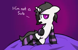 Size: 3115x2000 | Tagged: suggestive, artist:exoticeon, derpibooru import, oc, oc:spooky, unofficial characters only, pony, unicorn, clothes, dialogue, horn, image, male, png, socks, solo, speech, striped socks, submissive, talking