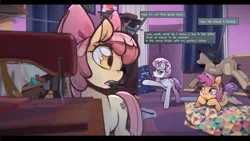 Size: 1600x901 | Tagged: safe, artist:icychamber, derpibooru import, apple bloom, scootaloo, sweetie belle, earth pony, pegasus, pony, unicorn, cutie mark crusaders, dialogue, female, filly, hat, image, jpeg, mannequin, raised hoof, raspberry, sewing machine, tongue out