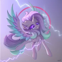 Size: 1994x2000 | Tagged: safe, artist:stahlkat, derpibooru import, oc, oc:overcharge, unofficial characters only, alicorn, pony, alicorn oc, electricity, female, flying, horn, image, lightning, png, solo, wings
