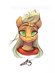 Size: 1280x1714 | Tagged: safe, artist:icychamber, derpibooru import, applejack, earth pony, pony, bust, female, image, jpeg, looking at you, mare, messy mane, portrait, simple background, solo, white background