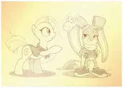 Size: 1114x797 | Tagged: safe, artist:sherwoodwhisper, derpibooru import, oc, oc:eri, anthro, pony, rabbit, unicorn, animal, cape, clothes, female, filly, image, inktober, inktober 2021, jpeg, kaze, kaze and the wild masks, monochrome, open mouth, raised hoof, scarf, spirit