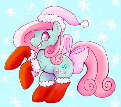 Size: 856x758 | Tagged: safe, artist:therainbowtroll, derpibooru import, minty, earth pony, pony, christmas, clothes, female, hat, holiday, image, png, santa hat, socks, solo