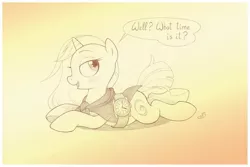 Size: 1073x716 | Tagged: safe, artist:sherwoodwhisper, derpibooru import, oc, oc:eri, pony, unicorn, cape, clothes, dialogue, female, filly, image, inktober, inktober 2021, jpeg, looking at you, monochrome, open mouth, solo, talking to viewer, watch, wristwatch