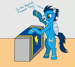 Size: 2362x2126 | Tagged: safe, artist:whirlwindflux, derpibooru import, soarin', pegasus, pony, bipedal, image, male, png, podium, recruitment, solo