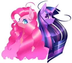 Size: 1367x1200 | Tagged: safe, artist:clefficia, derpibooru import, pinkie pie, twilight sparkle, twilight sparkle (alicorn), alicorn, earth pony, pony, bust, female, image, jpeg, lesbian, shipping, simple background, twinkie, white background