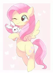 Size: 1430x1983 | Tagged: safe, artist:arrow__root, derpibooru import, angel bunny, fluttershy, pegasus, pony, rabbit, animal, blushing, cute, duo, female, flying, heart, hug, image, jpeg, mare, one eye closed, shyabetes, spread wings, wings