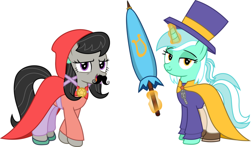 Size: 3103x1826 | Tagged: safe, artist:sketchmcreations, derpibooru import, lyra heartstrings, octavia melody, earth pony, pony, unicorn, :3, a hat in time, alternate hairstyle, cape, cloak, clothes, costume, fake moustache, female, hat, hat kid, image, looking at you, magic, mare, mustache girl, open mouth, png, simple background, smiling, smug, telekinesis, top hat, transparent background, umbrella, vector, voice actor joke