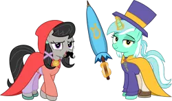 Size: 3103x1826 | Tagged: safe, artist:sketchmcreations, derpibooru import, lyra heartstrings, octavia melody, earth pony, pony, unicorn, :3, a hat in time, alternate hairstyle, cape, cloak, clothes, costume, fake moustache, female, hat, hat kid, image, looking at you, magic, mare, mustache girl, open mouth, png, simple background, smiling, smug, telekinesis, top hat, transparent background, umbrella, vector, voice actor joke