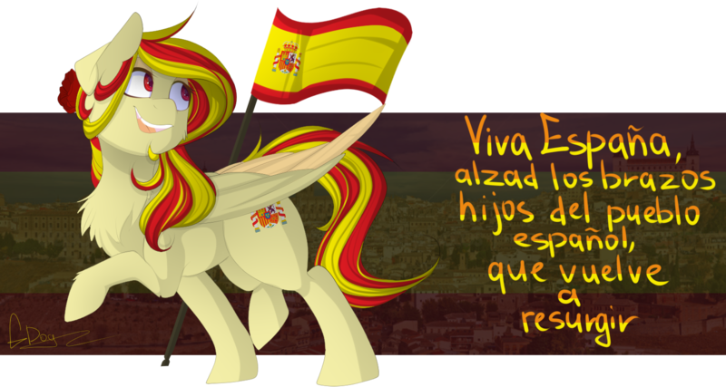 Size: 1500x800 | Tagged: safe, artist:mrdog, derpibooru import, oc, ponified, unofficial characters only, pony, chest fluff, female, flag, flower, flower in hair, image, nation ponies, png, spain, spanish