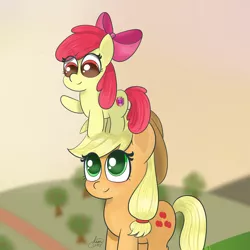 Size: 2160x2160 | Tagged: safe, artist:limitmj, derpibooru import, apple bloom, applejack, earth pony, pony, adorabloom, cute, freckles, image, jackabetes, looking up, png, stacking