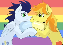 Size: 4068x2924 | Tagged: safe, artist:sefastpone, derpibooru import, braeburn, soarin', earth pony, pegasus, pony, balls, balls are touching, boop, digital art, duo, gay, gay pride flag, hoof hold, image, looking at each other, male, males only, nudity, png, pride, pride flag, shipping