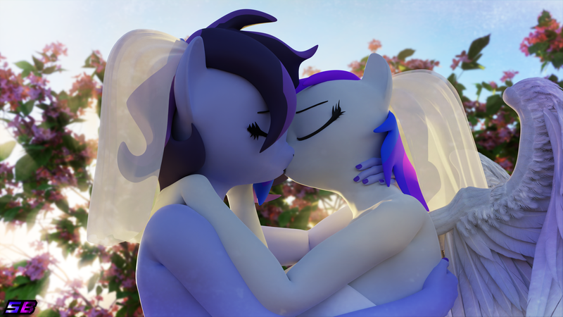 Size: 3840x2160 | Tagged: safe, artist:shadowboltsfm, derpibooru import, oc, oc:inkwell stylus, oc:raven storm, anthro, pegasus, plantigrade anthro, 3d, 4k, beautiful, blender, clothes, cute, daaaaaaaaaaaw, dress, eyes closed, image, kissing, not sfm, png, wedding dress, wedding veil