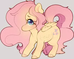 Size: 1036x835 | Tagged: safe, artist:mochateeny, derpibooru import, fluttershy, pegasus, pony, blushing, colored hooves, cute, daaaaaaaaaaaw, female, gray background, hair over one eye, image, looking at you, mare, png, shorn fetlocks, shyabetes, simple background, solo, standing, three quarter view, wings