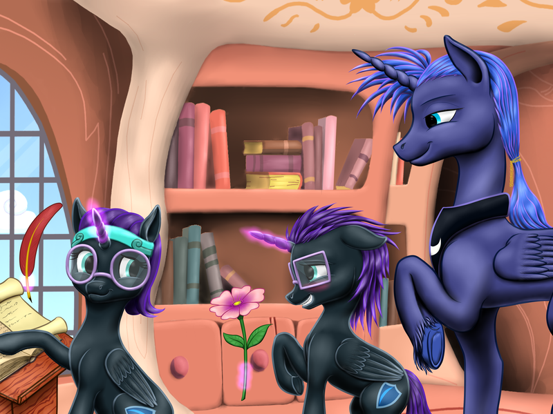 Size: 4000x3000 | Tagged: safe, artist:vasillium, derpibooru import, princess luna, oc, oc:nox (rule 63), oc:nyx, alicorn, pony, alicorn oc, apology, aura, blushing, book, bookshelf, box, brother, brother and sister, cloud, colt, cutie mark, desk, family, feather, female, filly, flower, glasses, golden oaks library, headband, horn, image, indoors, jewelry, levitation, library, magic, magic aura, male, mare, moon, pencil, png, ponytail, prince, prince artemis, princess, quill, quill pen, r63 paradox, regalia, royalty, rule 63, school desk, scroll, self paradox, self ponidox, shield, shipping, siblings, sisters, sky, stairs, stallion, straight, telekinesis, wall of tags, window, wings, writing