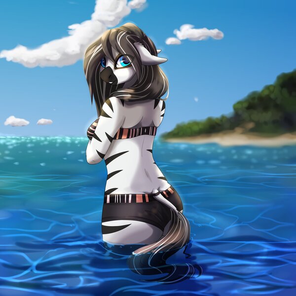 Size: 4096x4096 | Tagged: safe, artist:csox, derpibooru import, oc, unofficial characters only, anthro, zebra, clothes, dock, female, image, jpeg, looking back, ocean, solo, swimsuit, tail, water