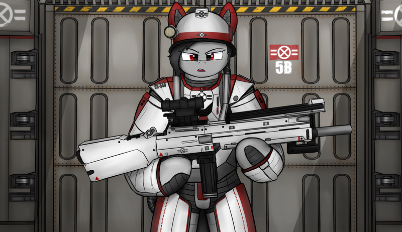 Size: 3002x1734 | Tagged: safe, artist:schwarzesskreuz, derpibooru import, oc, unofficial characters only, earth pony, pony, semi-anthro, armor, assault rifle, clothes, digital art, earth pony oc, female, guardsmare, gun, helmet, high res, image, logo, looking at you, mare, png, rifle, royal guard, solo, uniform, weapon