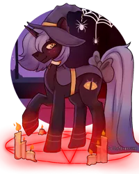 Size: 1080x1350 | Tagged: safe, artist:saltytangerine, derpibooru import, oc, unofficial characters only, pony, unicorn, candle, commission, female, hat, image, partial background, pentagram, png, simple background, spider web, transparent background, witch, witch hat, ych result